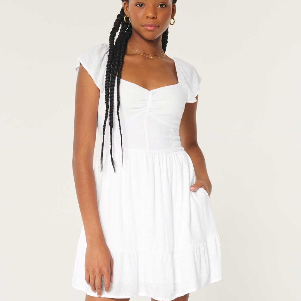 Hollister White Ruched Mini Sundress with Sweetheart Neckline